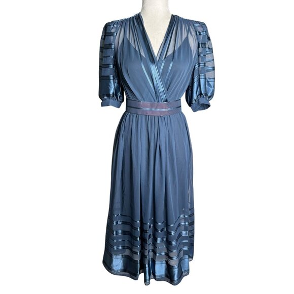Vintage Blue Sheer Midi Dress Sz Small Metallic Striped Puff Sleeves Belted - Picture 1 of 12